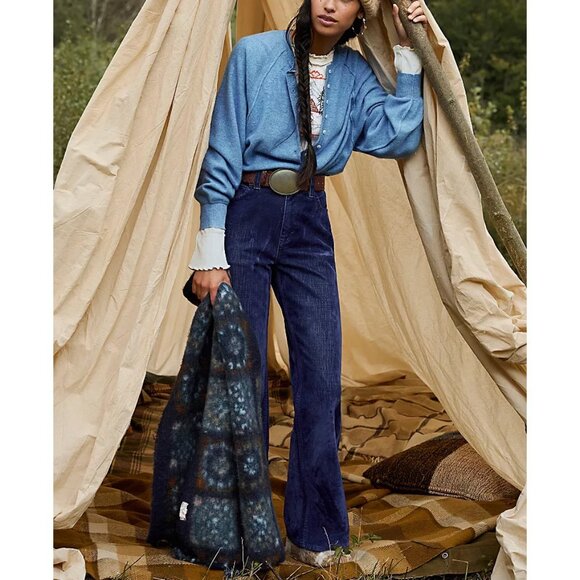 FREE PEOPLE We The Free Tinsley Baggy High Rise Flocked Jeans / Twilight Blue - Picture 9 of 15